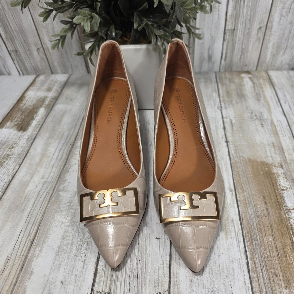 Tory Burch Eleanor Beige Croc Embossed Leather Pointed Toe Block Heel Pumps 5M - Picture 11 of 15